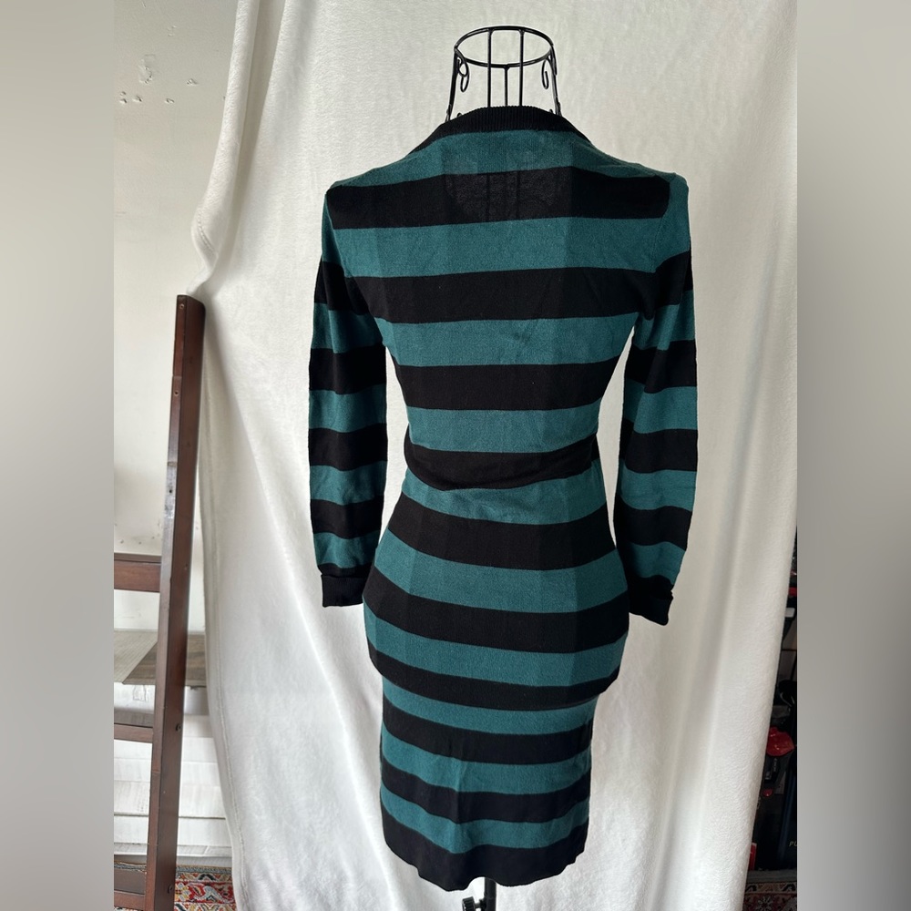 French Connection Long Sleeve Knit Sheath Dress, size 2, Green & Black stripe
